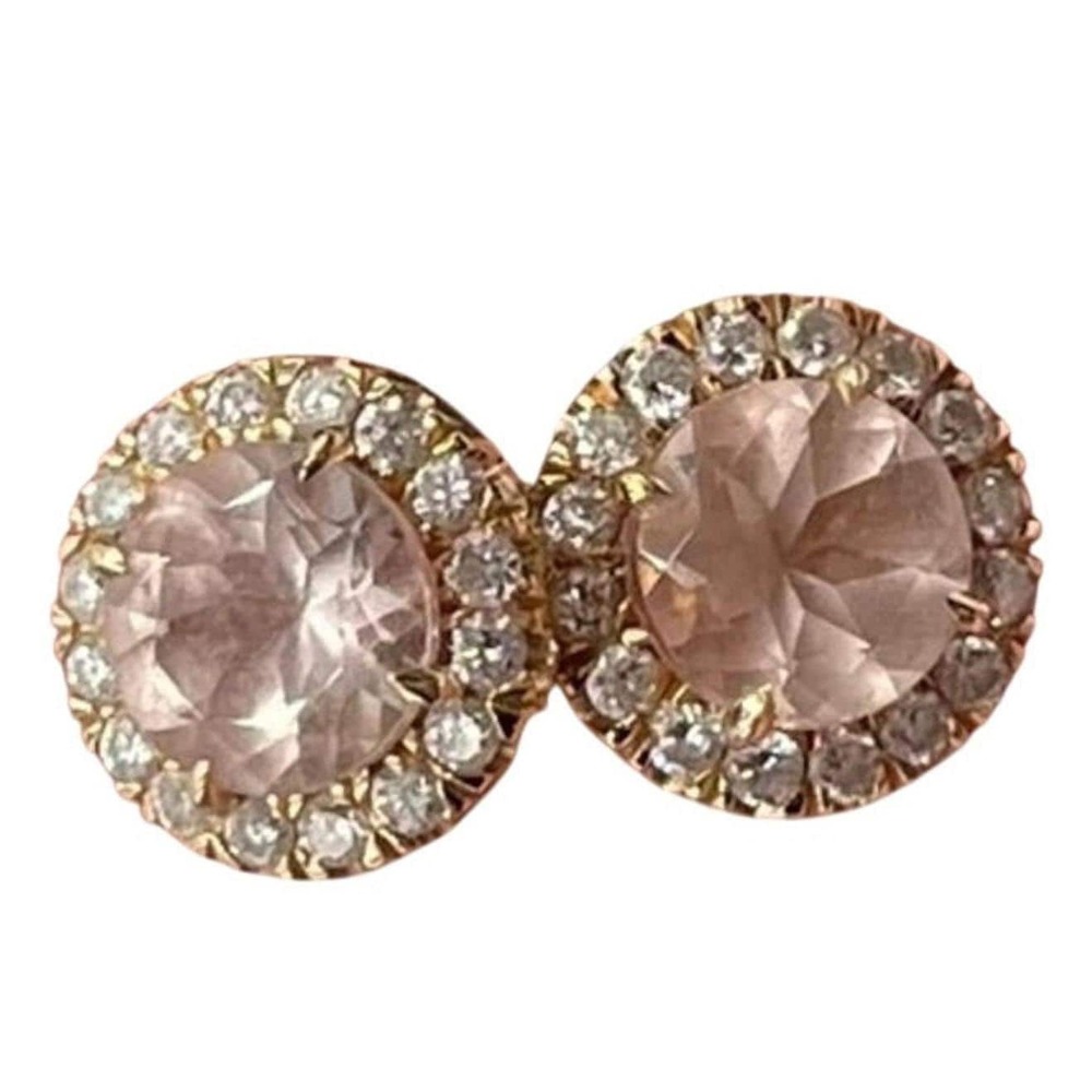 14K Rose Gold Round Prong Set Blush Morganite and Diamond Halo Stud Earrings
